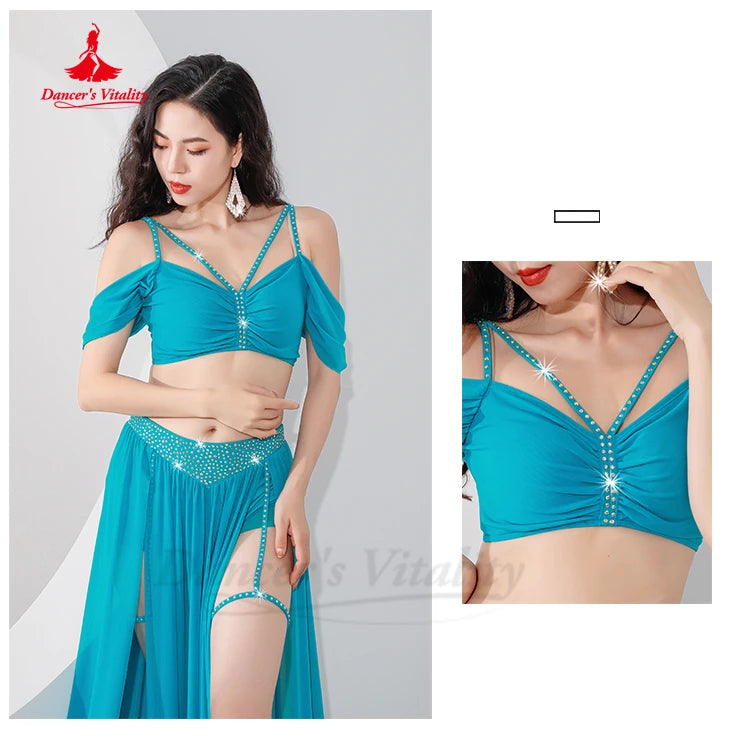 Belly Dance Professional Suit for Women Mesh Short Sleeves Top+sexy Split Long Skirt 2pcs Girl's Oriental Belly Dancing Suit