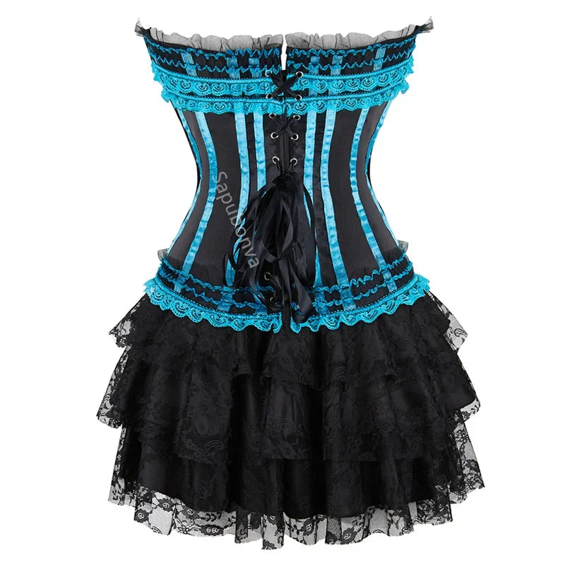 Corset Dress Bustier Skirt Tutu Set Stripe Lace Up Gothic Victorian Lolita Vintage Sexy Exotic Burlesque Korsett Plus Size