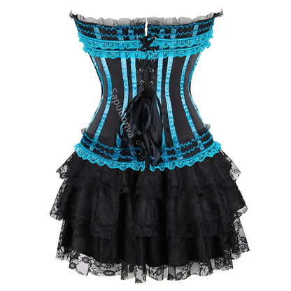 Corset Dress Bustier Skirt Tutu Set Stripe Lace Up Gothic Victorian Lolita Vintage Sexy Exotic Burlesque Korsett Plus Size
