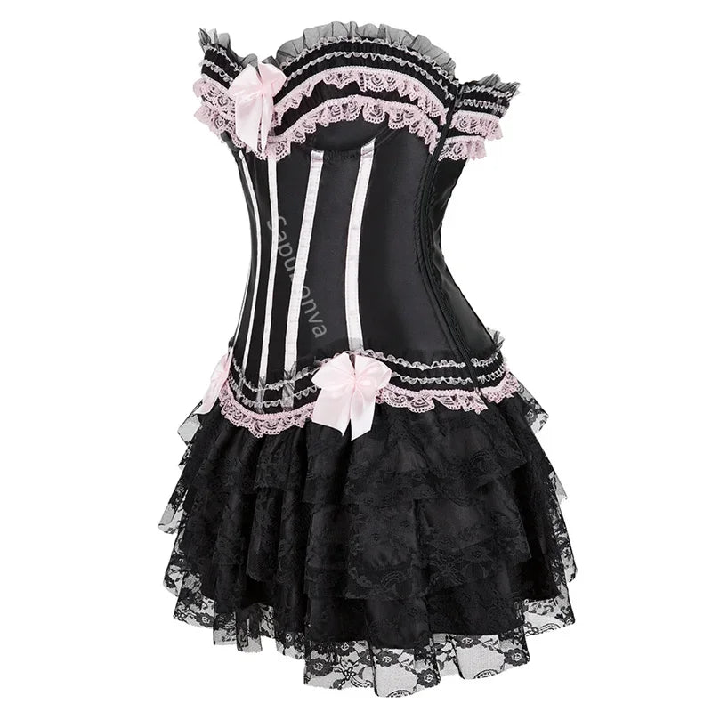 Corset Dress Bustier Skirt Tutu Set Stripe Lace Up Gothic Victorian Lolita Vintage Sexy Exotic Burlesque Korsett Plus Size