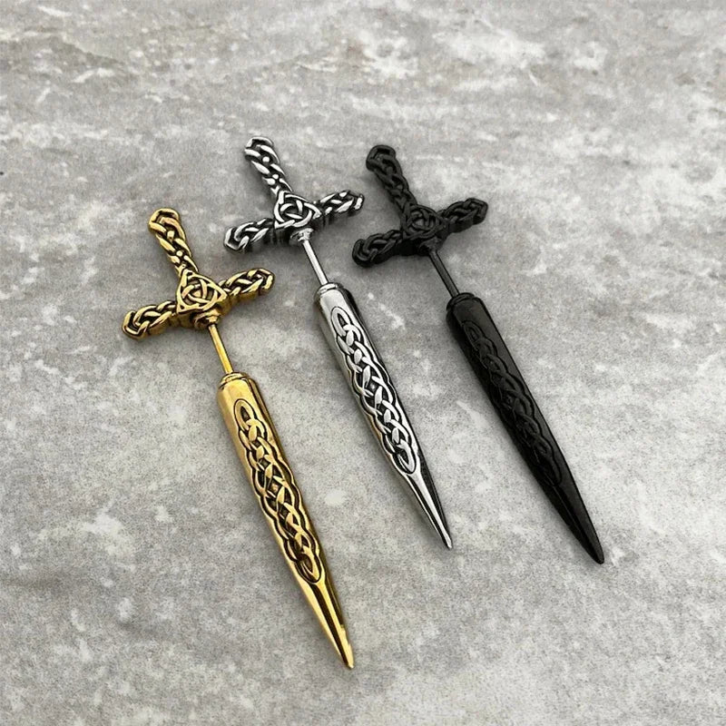 Steel Fun Jewelry Punk Sword Gothic Kinitial Piercing Earrings for Women&Men Goth Pattern Ear Jacket Dagger Stud Earring Jewelry