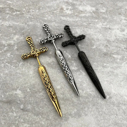 Steel Fun Jewelry Punk Sword Gothic Kinitial Piercing Earrings for Women&Men Goth Pattern Ear Jacket Dagger Stud Earring Jewelry