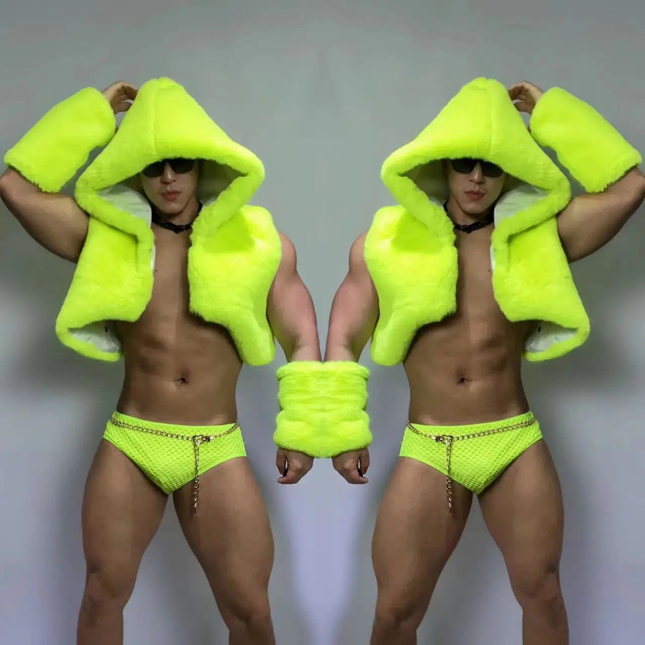 Adult Male Pole Dance Costume Fluorescent Green Sexy Imitation Fur Outfit Nightclub Gogo Dance Clothes Dj Ds Dancer Wear yj976