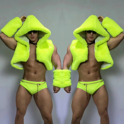 Adult Male Pole Dance Costume Fluorescent Green Sexy Imitation Fur Outfit Nightclub Gogo Dance Clothes Dj Ds Dancer Wear yj976