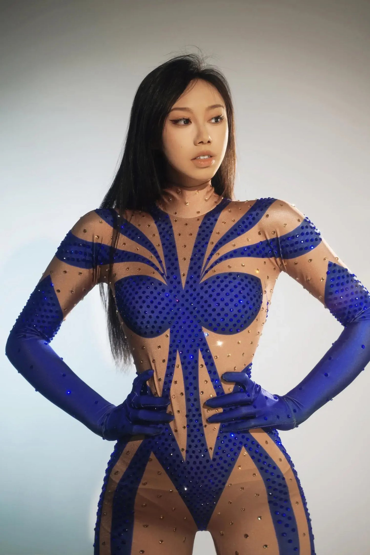 Blue Rhinestones Gloves Jumpsuit Women Print Birthday Party Pole Dance Clothes Nightclub Drag 1ueen Stage Show Wear Qingshuichi