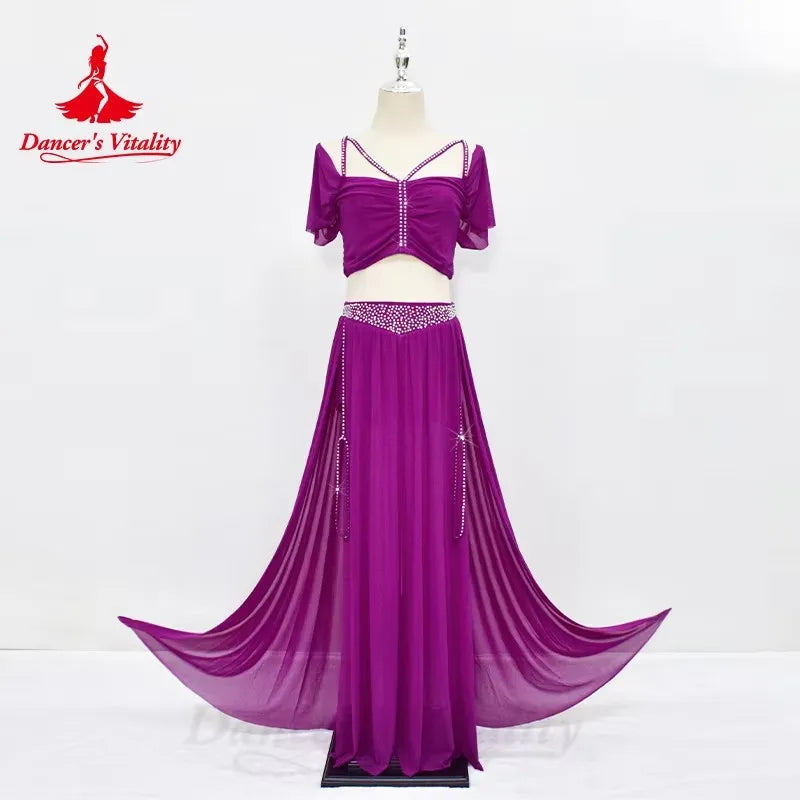Belly Dance Professional Suit for Women Mesh Short Sleeves Top+sexy Split Long Skirt 2pcs Girl's Oriental Belly Dancing Suit