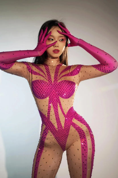 Blue Rhinestones Gloves Jumpsuit Women Print Birthday Party Pole Dance Clothes Nightclub Drag 1ueen Stage Show Wear Qingshuichi