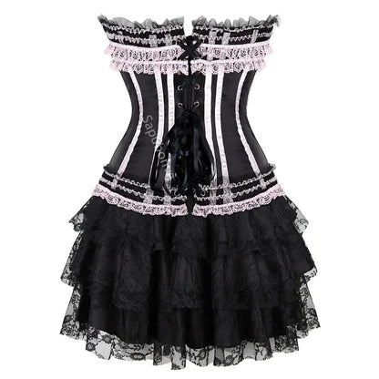 Corset Dress Bustier Skirt Tutu Set Stripe Lace Up Gothic Victorian Lolita Vintage Sexy Exotic Burlesque Korsett Plus Size