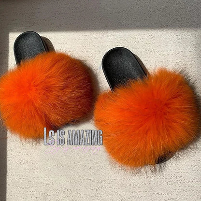 Natural fox fur slippers, fashionable outdoor multi-color animal hair slippers, women's gifts, soft EVA sole slippers,on trend