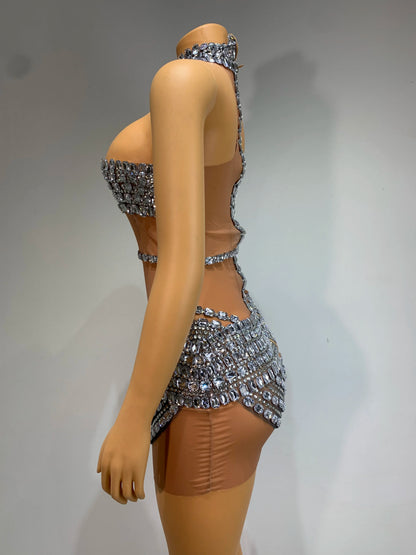 Women Sexy Mesh Perspective Backless Dress Female Singer Dancer Stage Performance Costume Club Birthday Evening Party Clothing