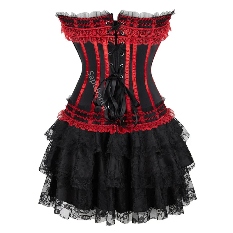 Corset Dress Bustier Skirt Tutu Set Stripe Lace Up Gothic Victorian Lolita Vintage Sexy Exotic Burlesque Korsett Plus Size