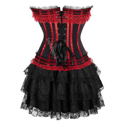 Corset Dress Bustier Skirt Tutu Set Stripe Lace Up Gothic Victorian Lolita Vintage Sexy Exotic Burlesque Korsett Plus Size