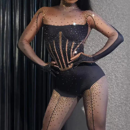 Blue Rhinestones Gloves Jumpsuit Women Print Birthday Party Pole Dance Clothes Nightclub Drag 1ueen Stage Show Wear Qingshuichi