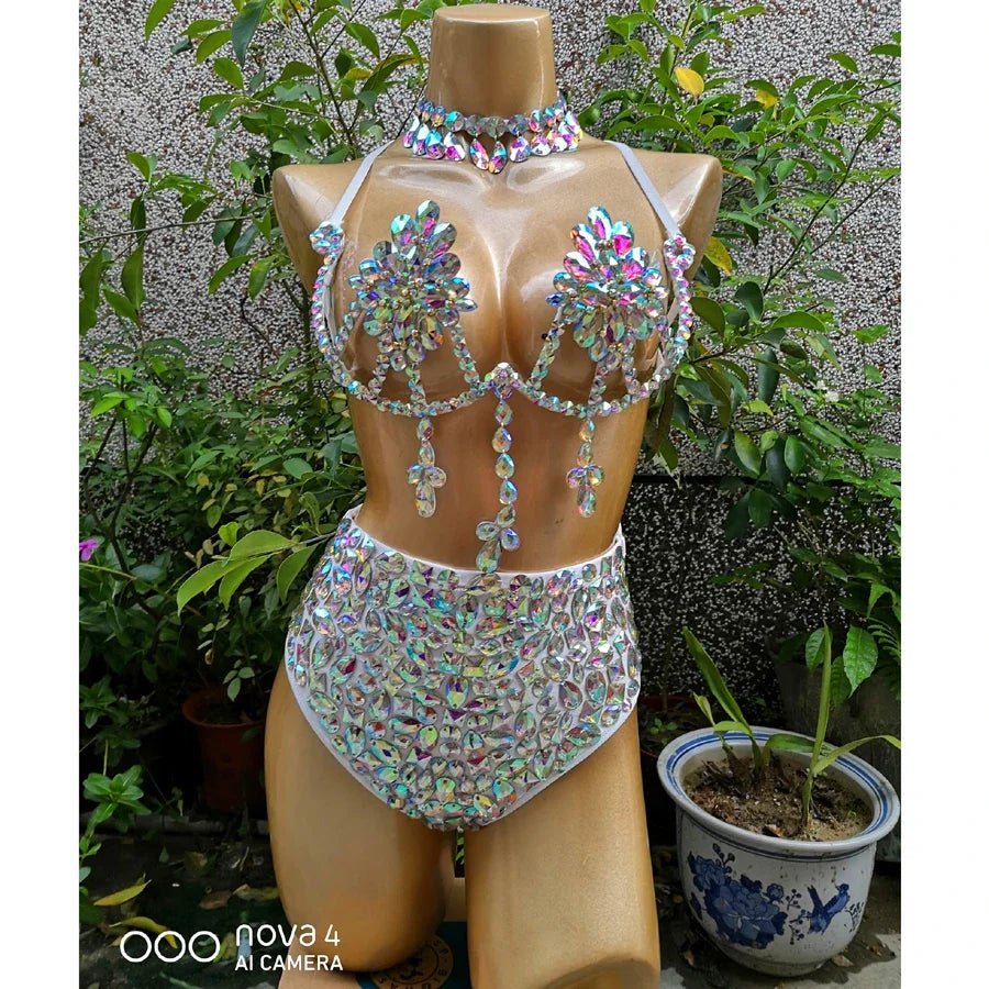 Belly Dancing Wire Bra Top High Waist Pants Samba Carnival Costume Set Hot Girl Nightclub Stage Dancer Wear festival outfit