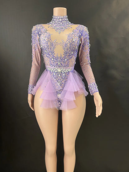 Sparkly Rhinestones Bodysuit Women ElasticPink Mesh Ruffles Crystal Leotard NightclubDancer Costume Stage Wear Party Outfit 7G