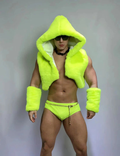 Adult Male Pole Dance Costume Fluorescent Green Sexy Imitation Fur Outfit Nightclub Gogo Dance Clothes Dj Ds Dancer Wear yj976