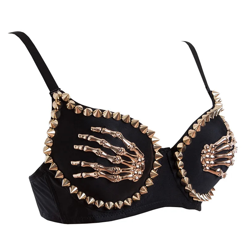 Black/Gold Rivets & Skeleton Hands Fashion Push Up Bras For Women Sexy Bralette Top y2k Goth Punk Bra Club Party Pole Dance Wear