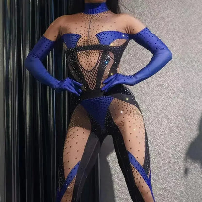 Blue Rhinestones Gloves Jumpsuit Women Print Birthday Party Pole Dance Clothes Nightclub Drag 1ueen Stage Show Wear Qingshuichi