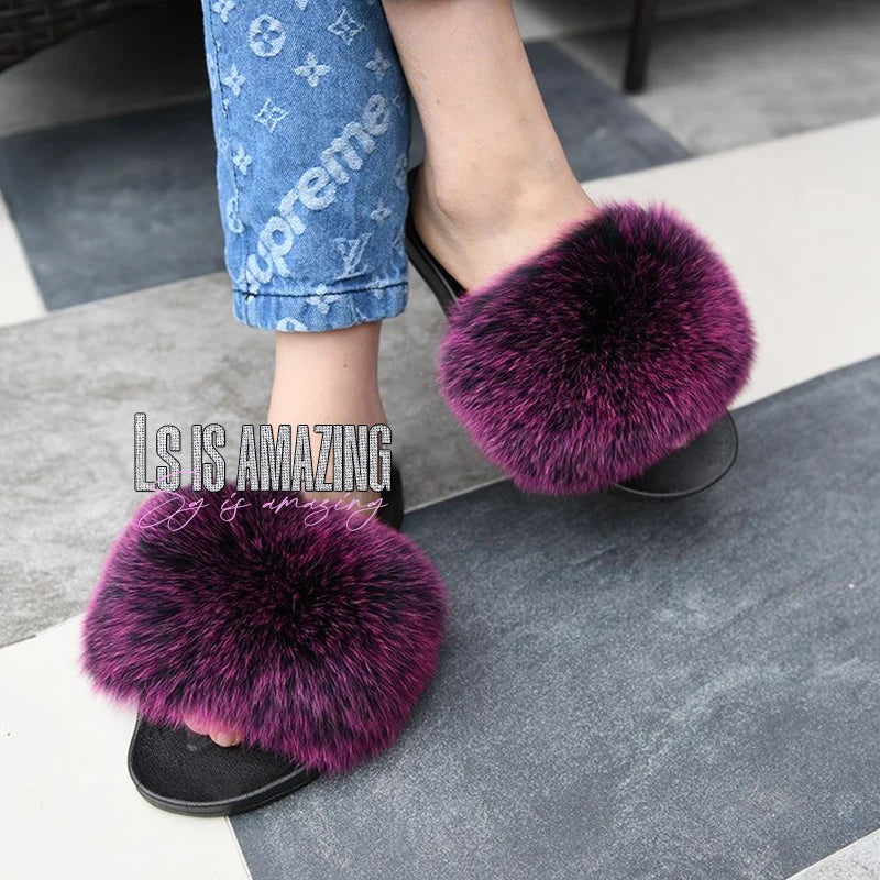 Natural fox fur slippers, fashionable outdoor multi-color animal hair slippers, women's gifts, soft EVA sole slippers,on trend