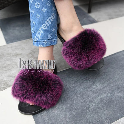 Natural fox fur slippers, fashionable outdoor multi-color animal hair slippers, women's gifts, soft EVA sole slippers,on trend