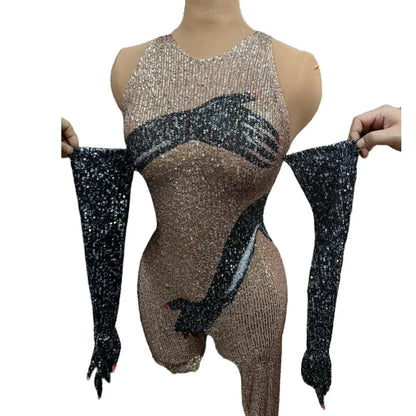 Blue Rhinestones Gloves Jumpsuit Women Print Birthday Party Pole Dance Clothes Nightclub Drag 1ueen Stage Show Wear Qingshuichi