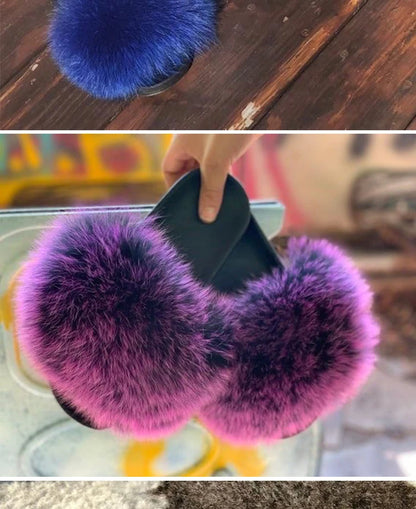 Natural fox fur slippers, fashionable outdoor multi-color animal hair slippers, women's gifts, soft EVA sole slippers,on trend