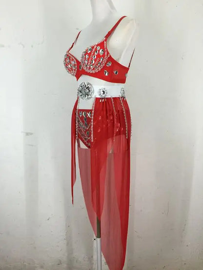 New Sexy Handmade DIY Sewing Top + Shorts + Gauze Skirt 3piece Set Nightclub DJ Singer Stage Costumes Women Summer Clothing