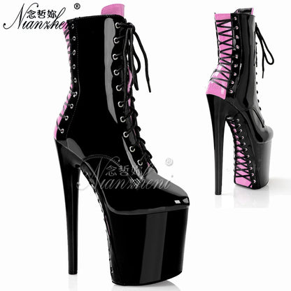 Clubbing gladiator Big Size Pole Dance Shoes Platform Ankle Boots 20cm Lace Up Stripper 8Inches High Heels Exotic  Sexy Fetish