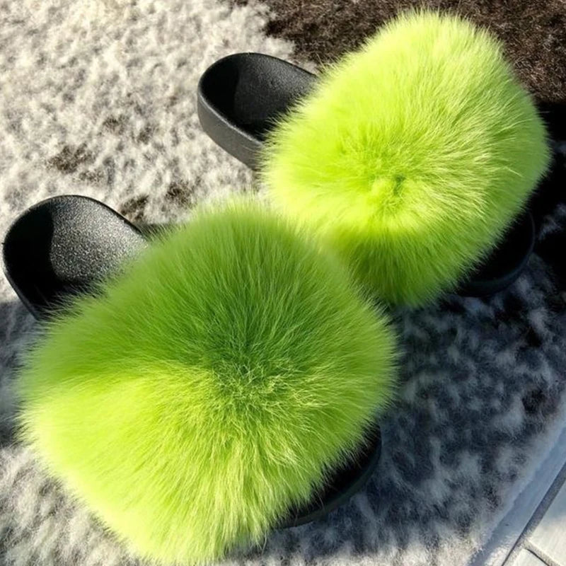 Natural fox fur slippers, fashionable outdoor multi-color animal hair slippers, women's gifts, soft EVA sole slippers,on trend