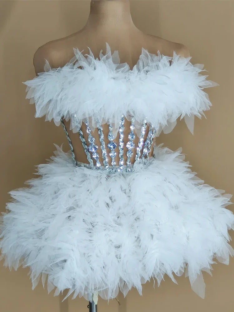 Sparkly Rhinestones Sequins Tube Tutu Mesh Dresses for Women Sexy Birthday Party Prom Evening Dress Photo Shoot Wear