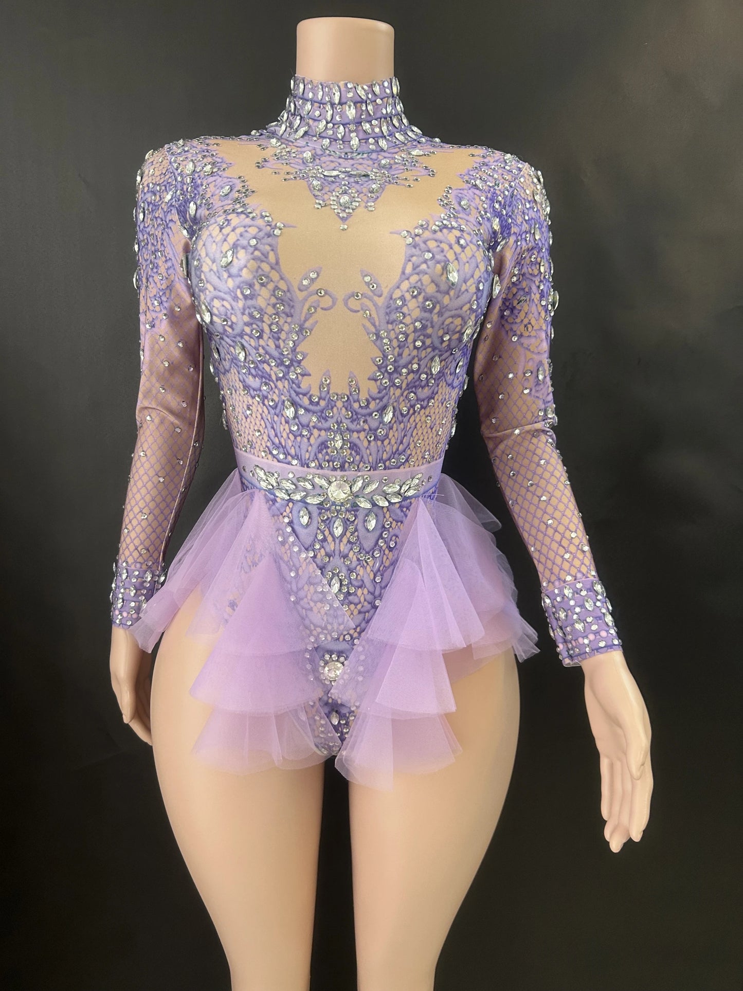 Sparkly Rhinestones Bodysuit Women ElasticPink Mesh Ruffles Crystal Leotard NightclubDancer Costume Stage Wear Party Outfit 7G