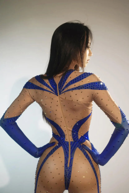 Blue Rhinestones Gloves Jumpsuit Women Print Birthday Party Pole Dance Clothes Nightclub Drag 1ueen Stage Show Wear Qingshuichi