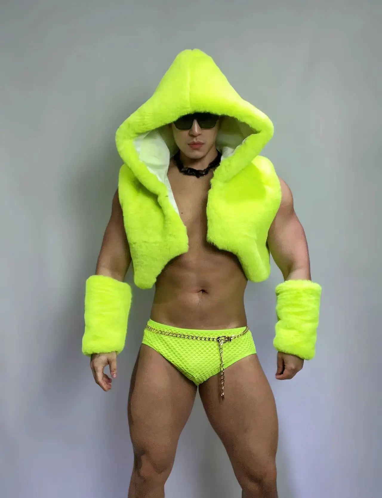 Adult Male Pole Dance Costume Fluorescent Green Sexy Imitation Fur Outfit Nightclub Gogo Dance Clothes Dj Ds Dancer Wear yj976