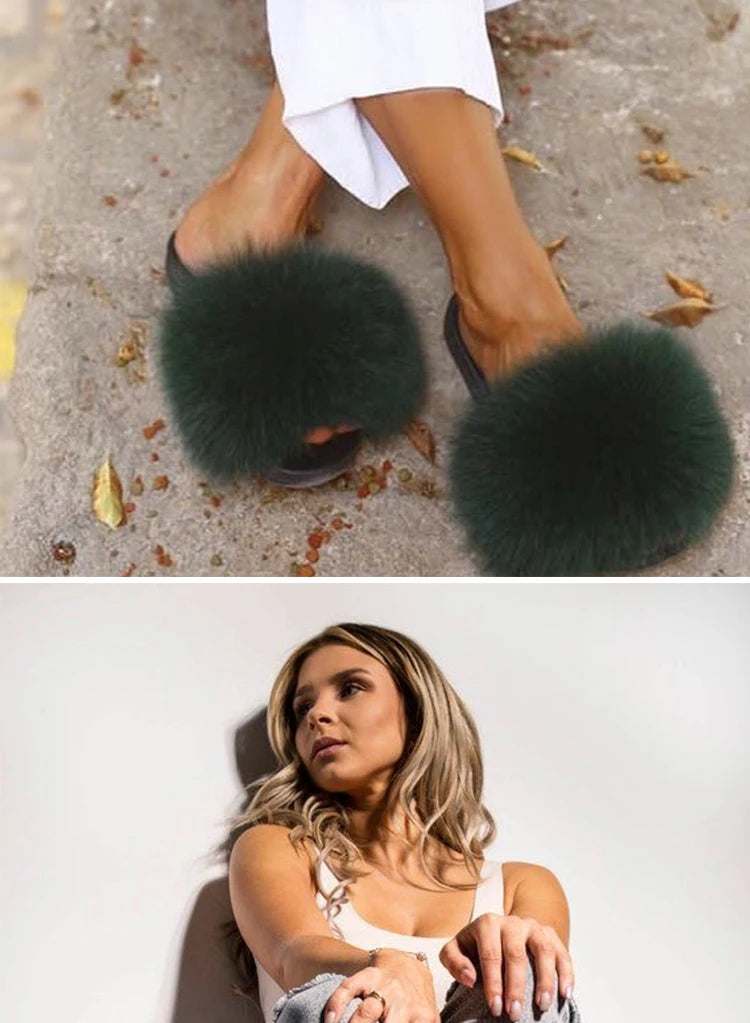 Natural fox fur slippers, fashionable outdoor multi-color animal hair slippers, women's gifts, soft EVA sole slippers,on trend