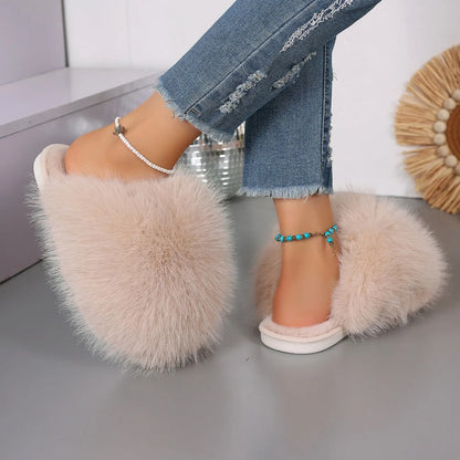 New Winter Women Fashion Fur Slippers Fluffy Cute Plush Women Luxury Outdoor Anti Slip Durable Flat Bottom Slippers Slides Women