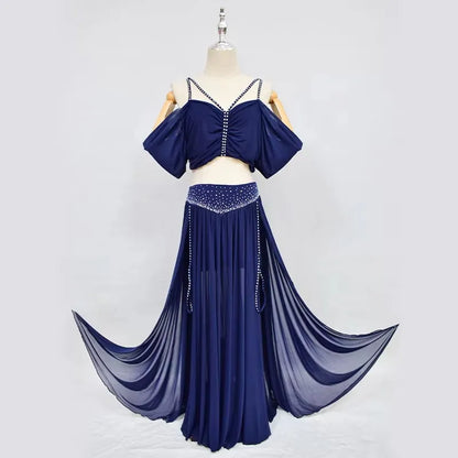 Belly Dance Professional Suit for Women Mesh Short Sleeves Top+sexy Split Long Skirt 2pcs Girl's Oriental Belly Dancing Suit