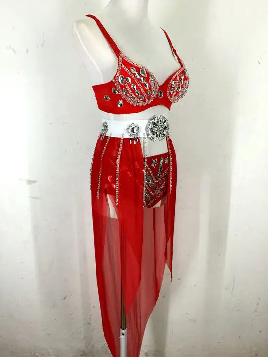 New Sexy Handmade DIY Sewing Top + Shorts + Gauze Skirt 3piece Set Nightclub DJ Singer Stage Costumes Women Summer Clothing