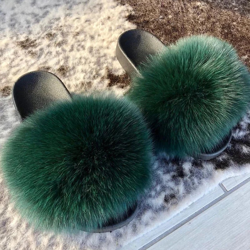 Natural fox fur slippers, fashionable outdoor multi-color animal hair slippers, women's gifts, soft EVA sole slippers,on trend