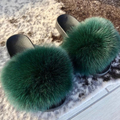 Natural fox fur slippers, fashionable outdoor multi-color animal hair slippers, women's gifts, soft EVA sole slippers,on trend