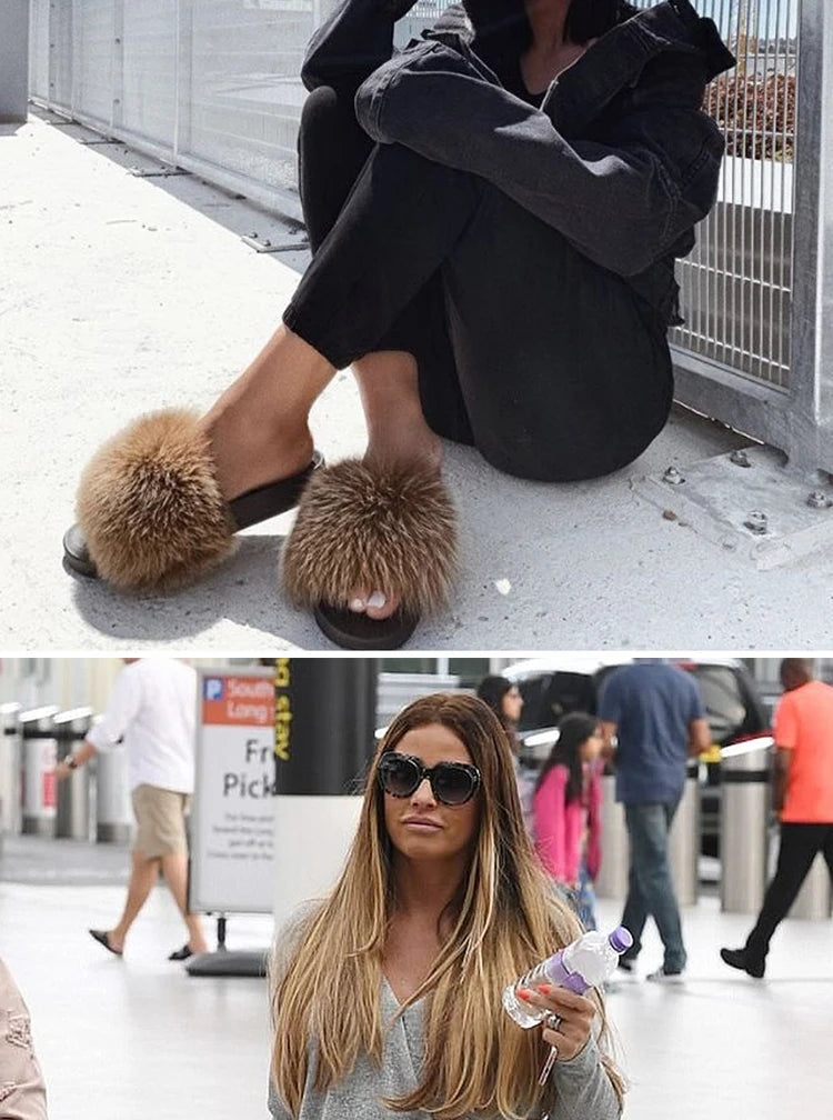 Natural fox fur slippers, fashionable outdoor multi-color animal hair slippers, women's gifts, soft EVA sole slippers,on trend