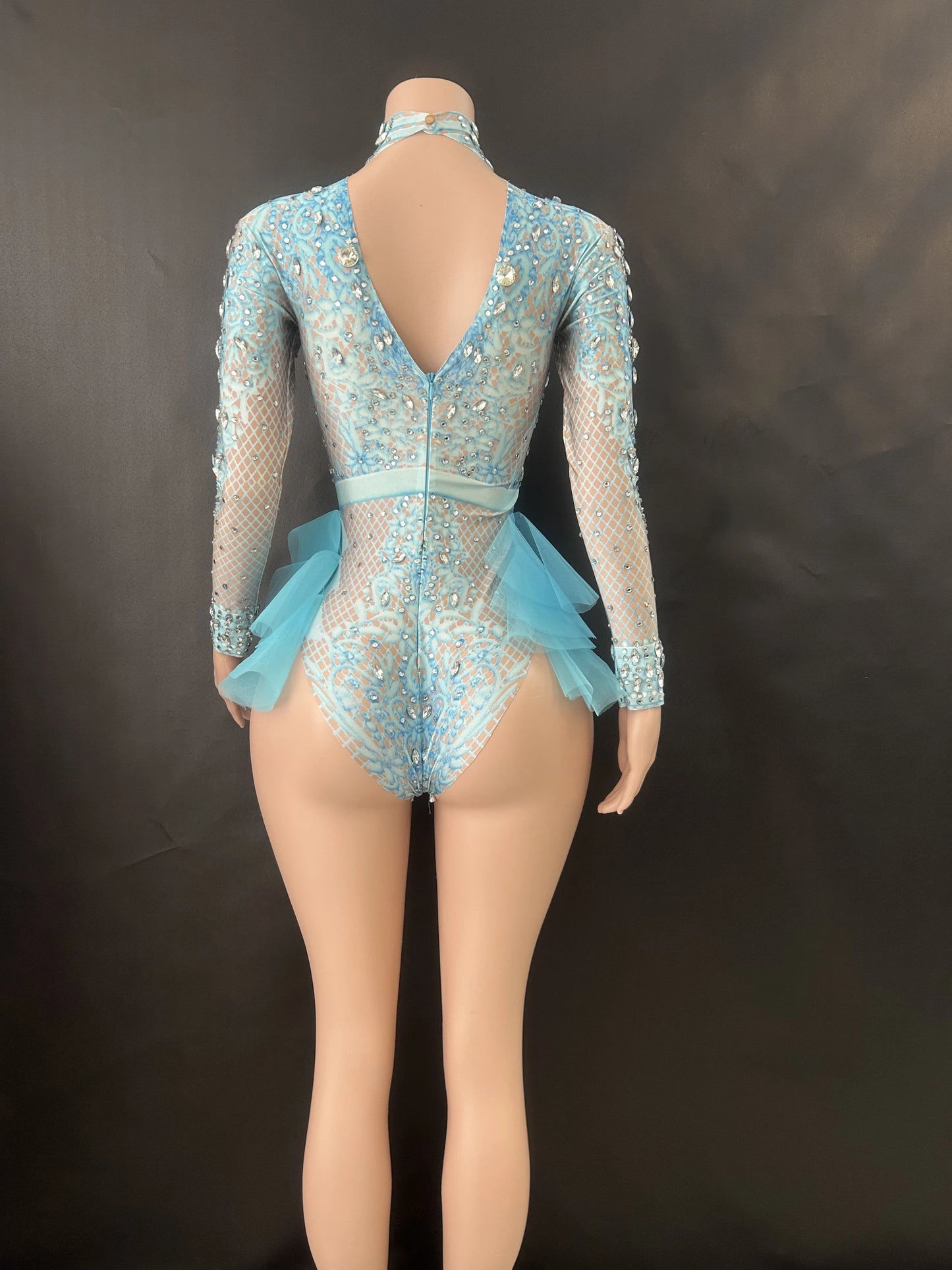 Sparkly Rhinestones Bodysuit Women ElasticPink Mesh Ruffles Crystal Leotard NightclubDancer Costume Stage Wear Party Outfit 7G