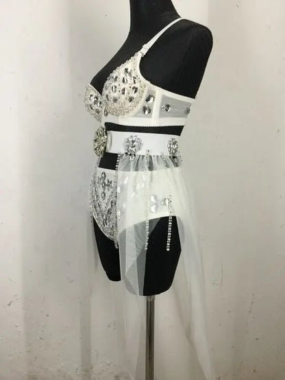 New Sexy Handmade DIY Sewing Top + Shorts + Gauze Skirt 3piece Set Nightclub DJ Singer Stage Costumes Women Summer Clothing