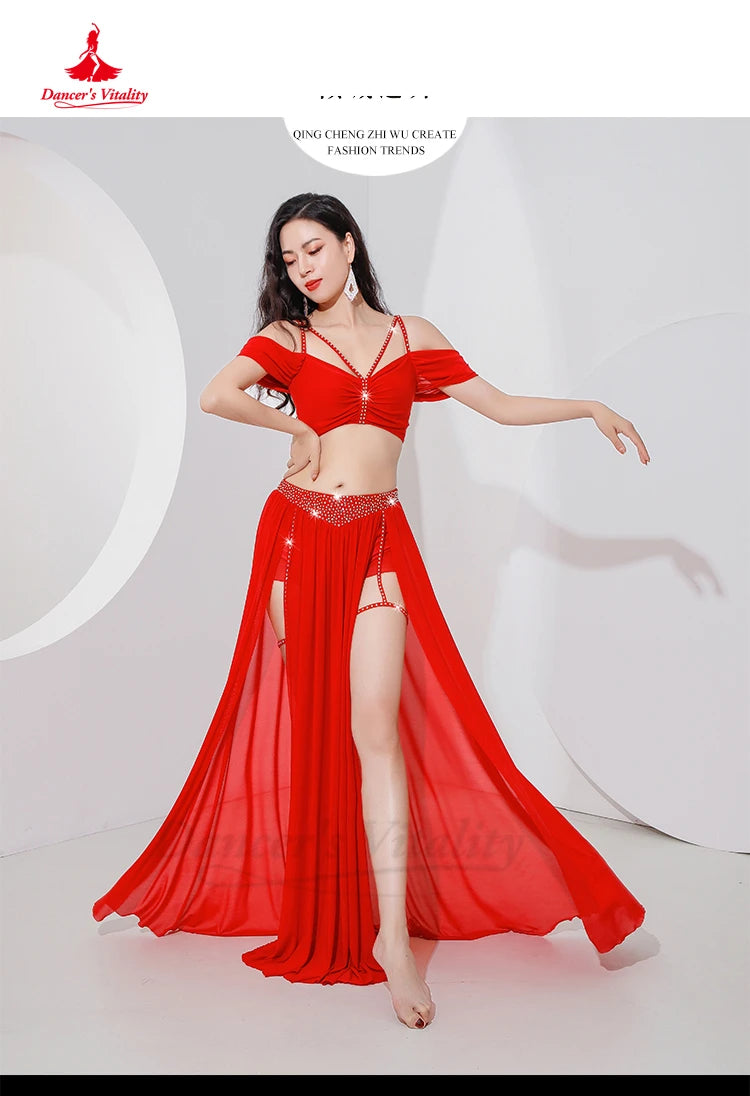 Belly Dance Professional Suit for Women Mesh Short Sleeves Top+sexy Split Long Skirt 2pcs Girl's Oriental Belly Dancing Suit
