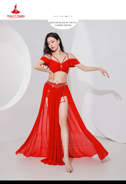 Belly Dance Professional Suit for Women Mesh Short Sleeves Top+sexy Split Long Skirt 2pcs Girl's Oriental Belly Dancing Suit