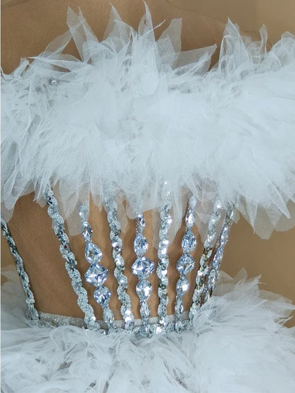 Sparkly Rhinestones Sequins Tube Tutu Mesh Dresses for Women Sexy Birthday Party Prom Evening Dress Photo Shoot Wear