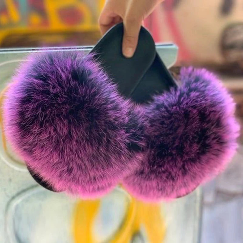 Natural fox fur slippers, fashionable outdoor multi-color animal hair slippers, women's gifts, soft EVA sole slippers,on trend
