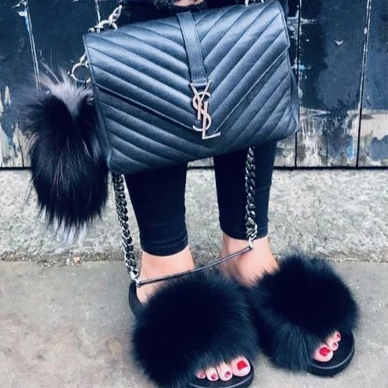 Natural fox fur slippers, fashionable outdoor multi-color animal hair slippers, women's gifts, soft EVA sole slippers,on trend