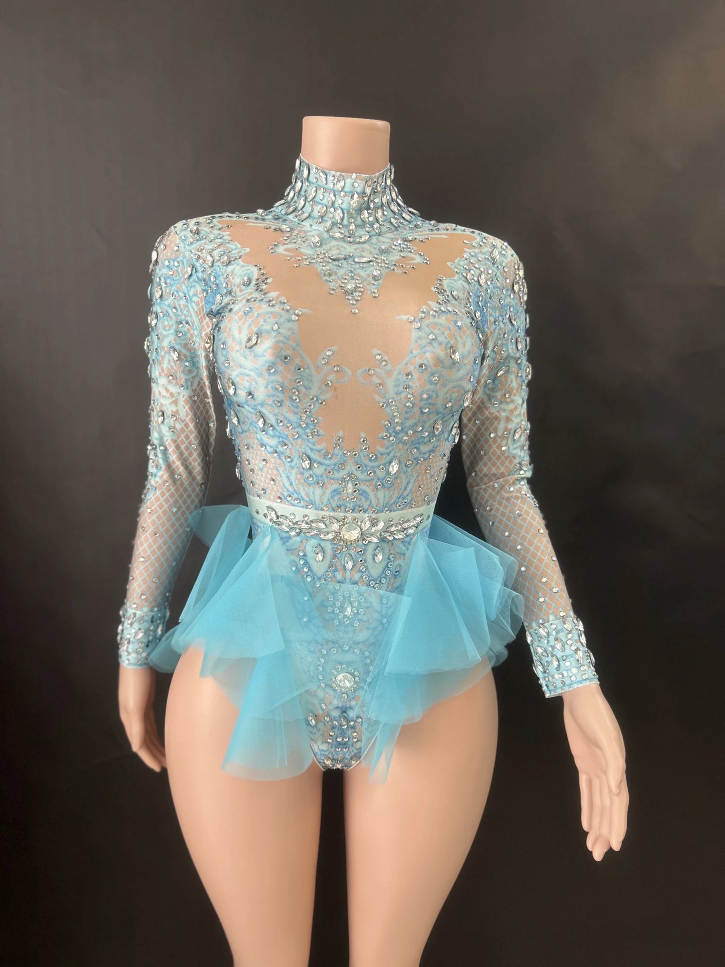 Sparkly Rhinestones Bodysuit Women ElasticPink Mesh Ruffles Crystal Leotard NightclubDancer Costume Stage Wear Party Outfit 7G