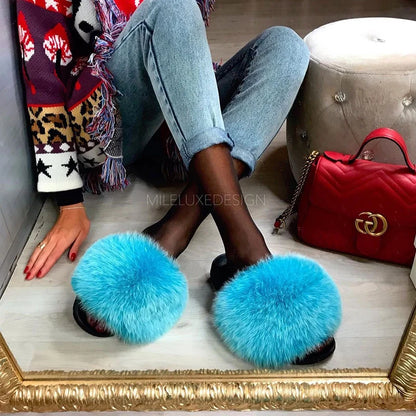 Natural fox fur slippers, fashionable outdoor multi-color animal hair slippers, women's gifts, soft EVA sole slippers,on trend