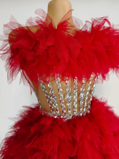Sparkly Rhinestones Sequins Tube Tutu Mesh Dresses for Women Sexy Birthday Party Prom Evening Dress Photo Shoot Wear